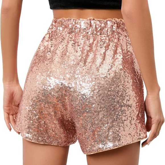 Sequin Champagne color Women's pull on high waisted Shorts size medium NWT - Picture 3 of 10